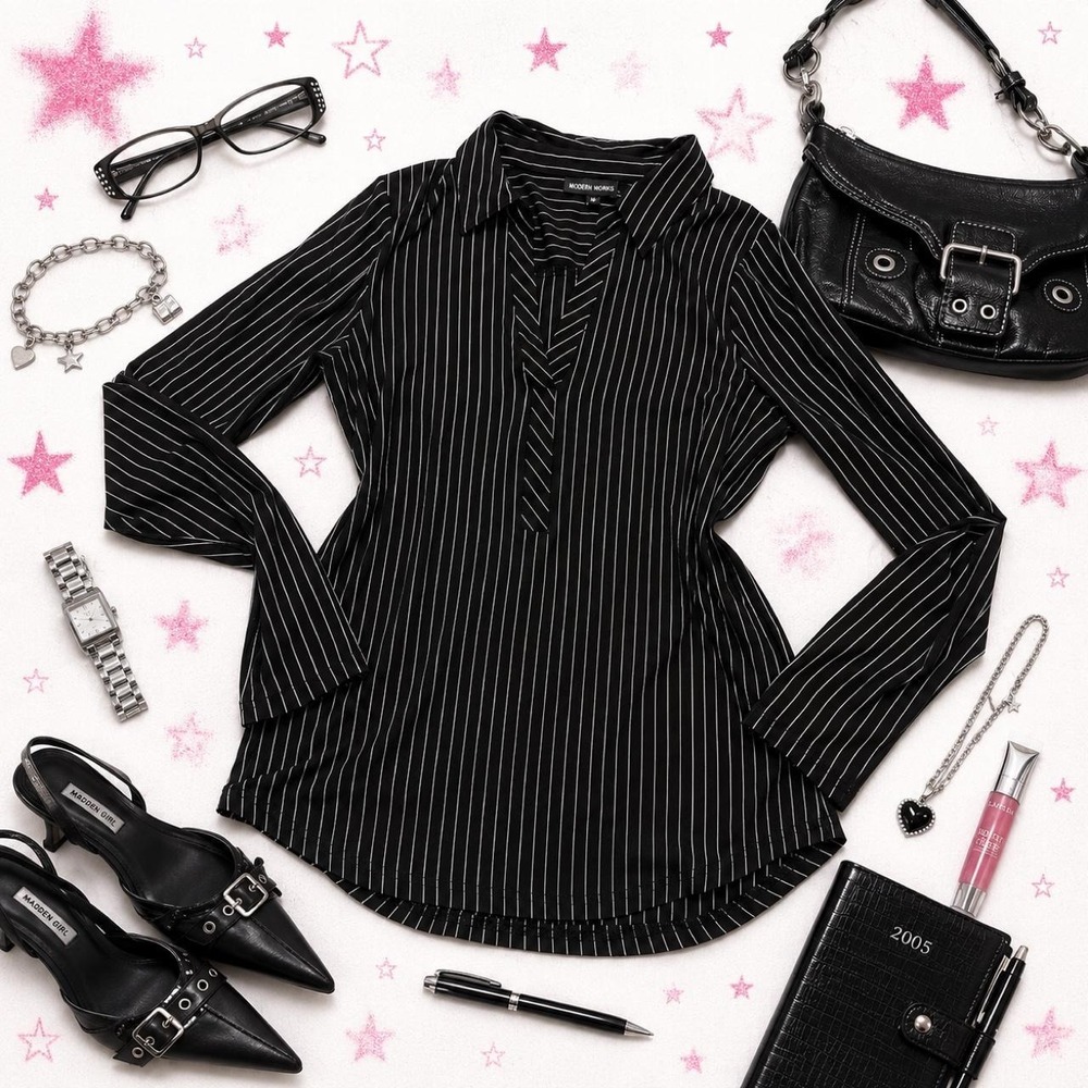 Modern Works Women's Pinstripe Blouse Classic Y2K Workwear Office Siren